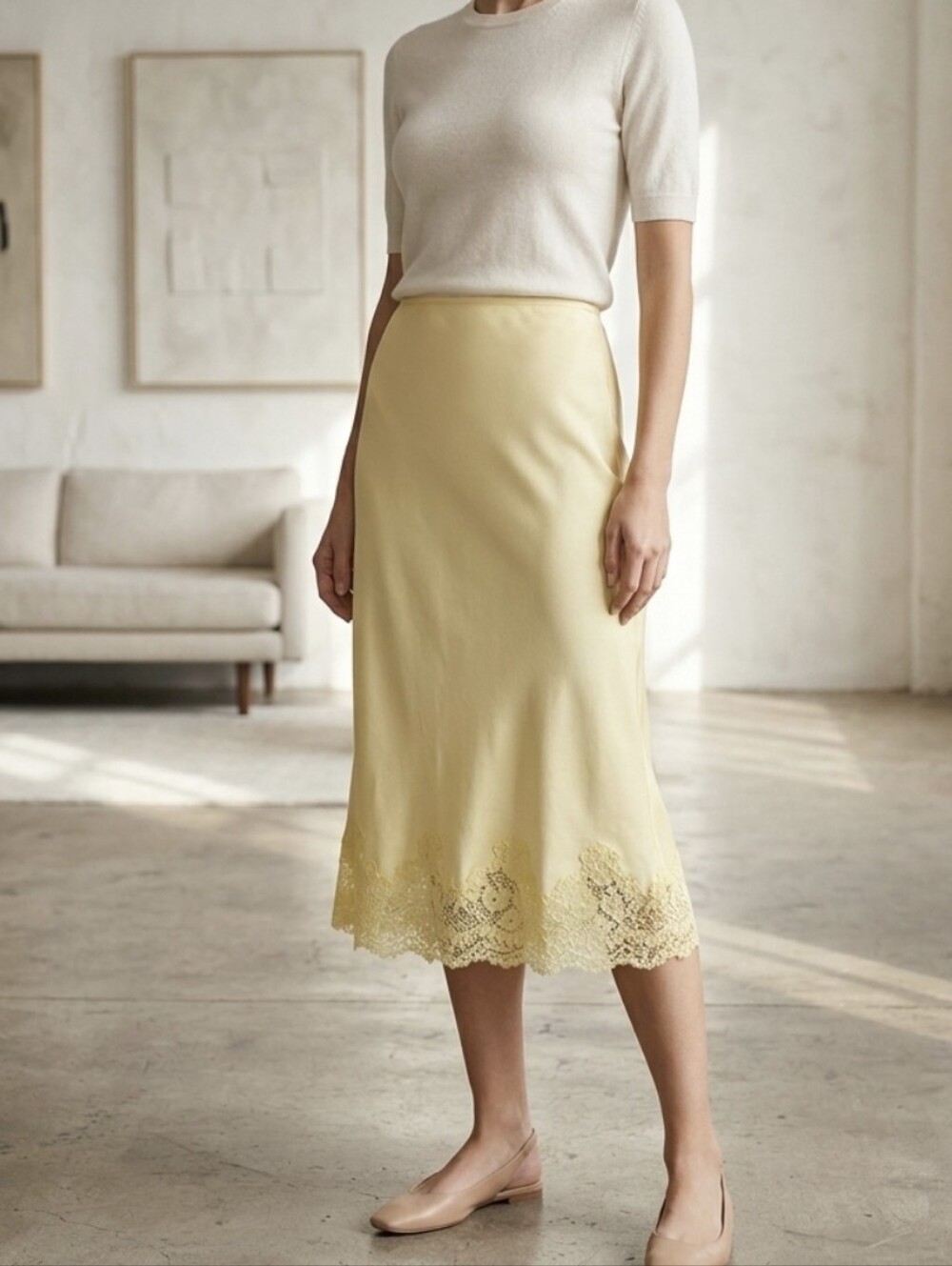 NWOT Women's Yellow Lace Trim Slip Skirt - Willow & Wind